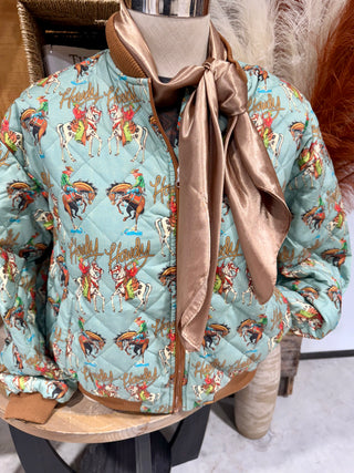 Howdy Cowgirl Western Print Quilted Bomber Jacket – Vintage Rodeo Retro Style