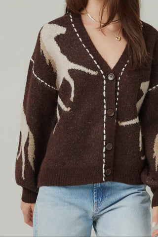 Brown Knit Horse Cardigan with V-Neck & Button Front – Western Style Sweater