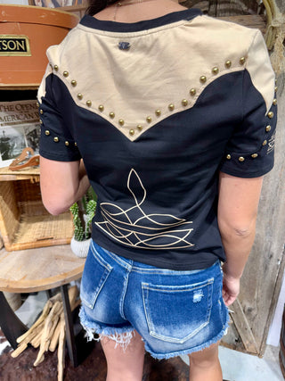 Ranch Studded Black Tan Boot Stitch Western Tee