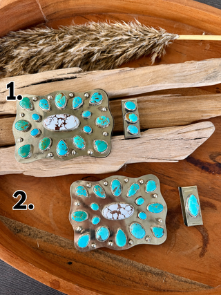 Custom Wild Horse & Kingman Turquoise Belt Buckle Set | Sterling Silver Western Buckle