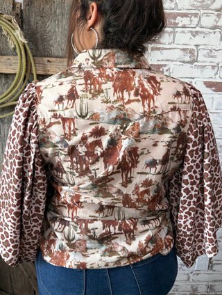 Wild & Western Retro Cowboy Print Pearl Snap Top