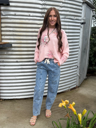 Easel Pink Floral Thermal Top for Women | Waffle Knit Top with Elbow Patches