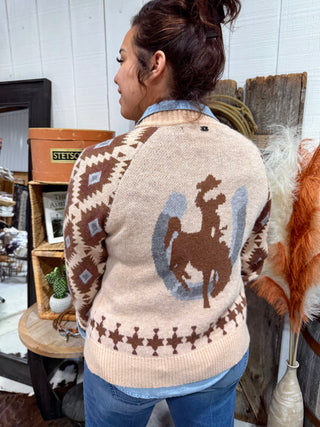 Cowboy Up Aztec Knit Bomber – Western Bronc Rider Cardigan