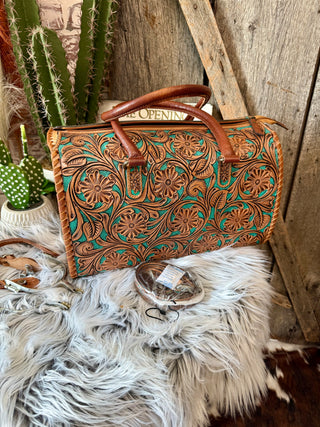 Large Turquoise & Tan Tooled Leather Speedy Western Duffle Style Bag