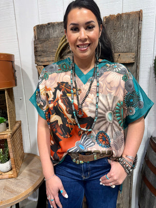 Turquoise Concho Rodeo Poncho Top – Western Horse Graphic Cowgirl Blouse-One Size Fits Upto 2X