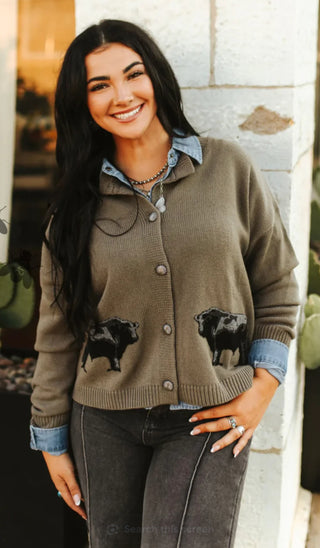 Ranch Royalty Taupe Western Cardigan – Angus Bull Graphic Button-Up Sweater