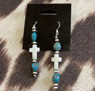 Sterling Silver Turquoise & Freshwater Pearl Cross Dangle Earrings – 2.5”