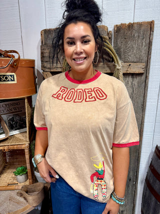 Varsity Rodeo Graphic Tee for Women | Vintage Western Ringer Cowgirl Shirt