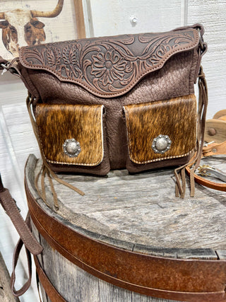 Trinity Ranch Hair-On Hide Crossbody Bag with Concho Pockets- Coffee