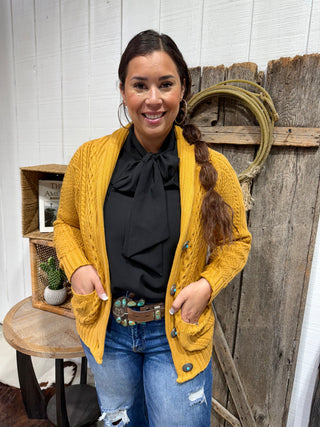 Golden Mesa Concho Cardigan – Mustard Cable Knit Western Sweater with Turquoise Button Detail