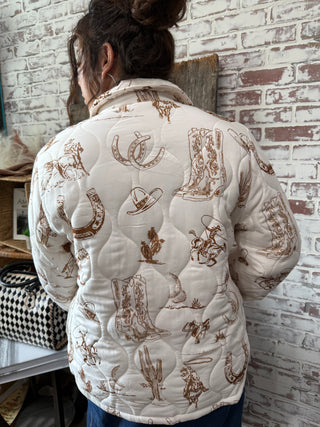 Cowgirl Western Print Quilted Jacket – Horseshoe & Cowboy Boot Design
