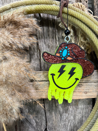 Cowboy Hat Smiley Car Freshie – Neon Western Lightning Bolt Air Freshener