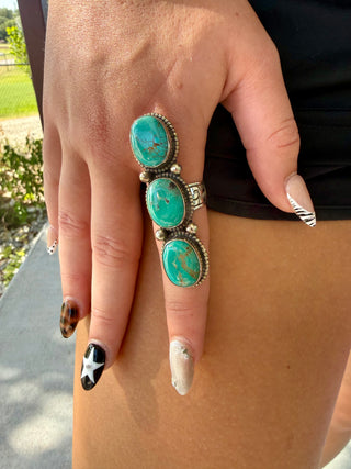 Kingman Turquoise Long German Silver Statement Ring-adjustable