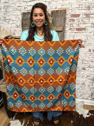 34” x 34” Aztec Western Wildrag – Turquoise, Rust & Sunset Orange Cowboy Scarf - Barbwire n Bougie Boutique