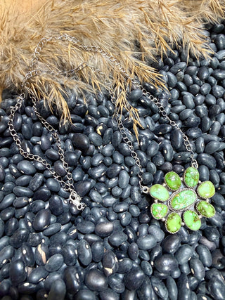 Sonoran Gold Turquoise Cluster Necklace – Sterling Silver Southwestern Statement Pendant | Western Cowgirl Jewelry-010