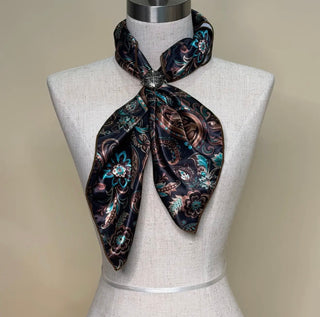 Chocolate Paisley Wild Rag Scarf – 28” x 28” Western Floral & Turquoise Print