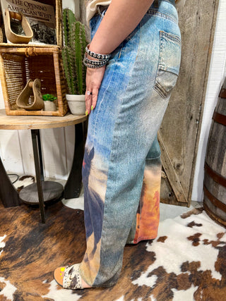 Western Wild Horse Graphic Jeans | Cowgirl Ranch Scene Statement Denim