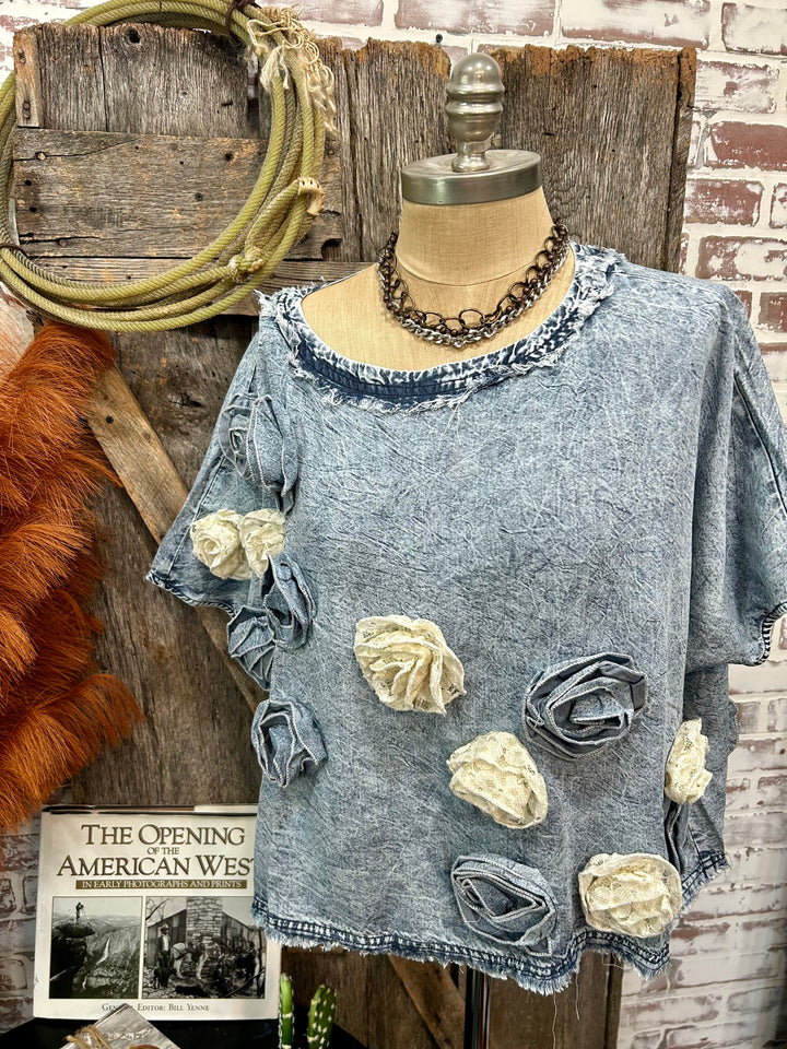 I NEVER PROMISED YOU A ROSE GARDEN DENIM TOP