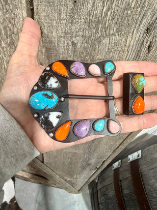 Handcrafted Multi-Stone Western Belt Buckle Set with Matching Keeper | Turquoise, Purple & Orange Spiny Oyster Pink Opal