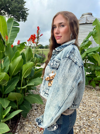 Vintage Wash Horse Embroidered Cropped Denim Jacket | Western Cowgirl Jean Jacket