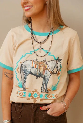 Turquoise Trail Ringer Tee – Western Horse Graphic Cream & Turquoise Top-Sterling Kreek