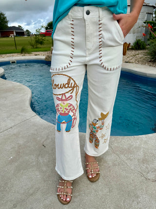 Howdy Cowgirl Embroidered Western Pants | White Cropped Cowgirl Jeans
