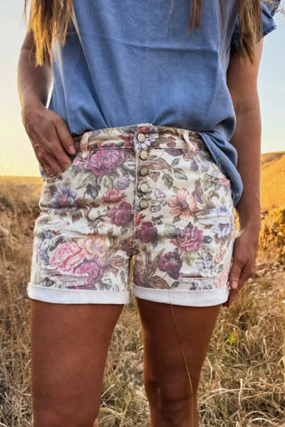 Tennessee Walking Floral Denim Shorts for Women | High Rise Button Fly Western Boutique Shorts