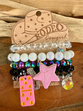 Pink Western Star Charm Bracelet Stack | Rodeo Cowgirl Beaded Stretch Bracelets