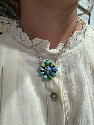 Mixed Sterling Silver & Turquoise Cluster Necklace | Golden Hills, Kingman, Palomino & Sonoran Gold Turquoise | Sterling Silver | 18”