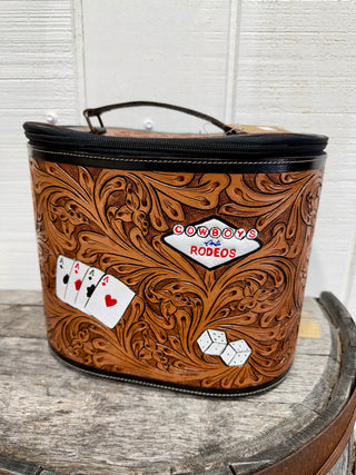 Tooled Leather Western Jewelry/Makeup Train Case – Cowboys & Rodeos Travel Organizer-Vegas-Casino