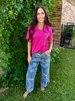 Vintage Floral Wide Leg Denim Jeans