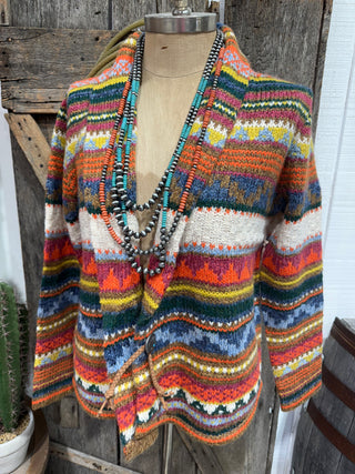 Southwest Sunset Hand-Knit Cardigan – Multicolor Western Pattern Sweater