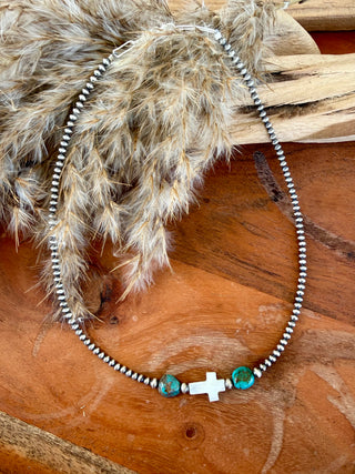16” Sterling Silver Pearls, Turquoise & Mother of Pearl Cross Necklace
