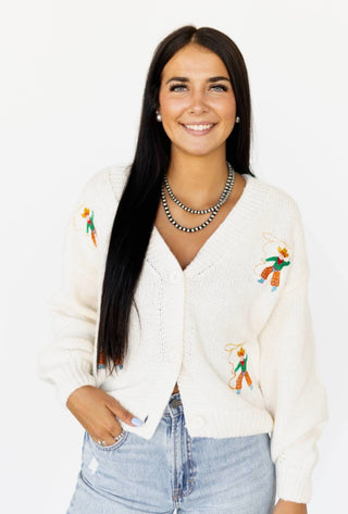 Roping Cowboy Embroidered Knit Cardigan | Western Button Front Sweater
