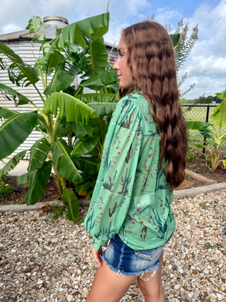 Turquoise Haven Mesh Cactus Print Western Top | Desert Cowgirl Button Front Blouse