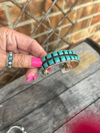 Double Row Square Stone Sterling & Turquoise Cuff Bracelet