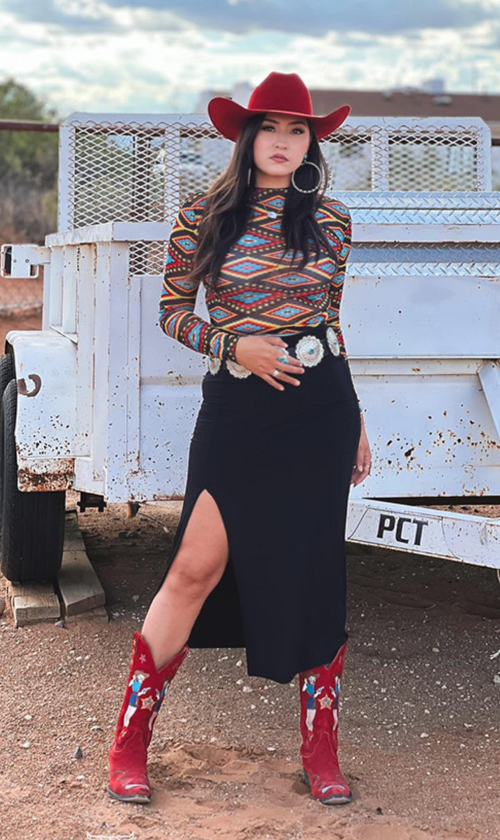 Cropped Aztec Print Mesh Top
