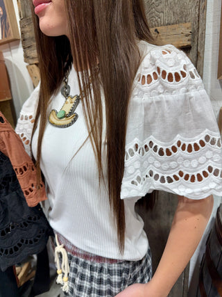 Turquoise Haven Eyelet Lace Puff Sleeve Top-3 Colors