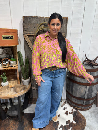 Lime Green & Pink Jacquard Floral Velvet Puff Sleeve Top Blouse -Western Dressy Top