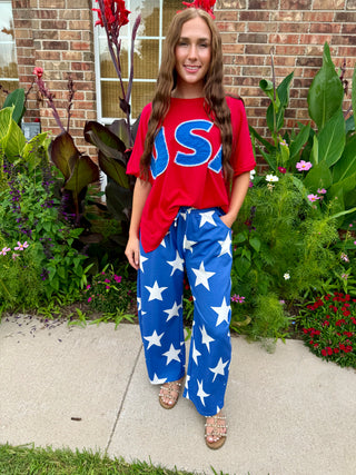 French Terry Star Pants | Patriotic Blue & White Wide Leg Lounge Pants With USA top shown 