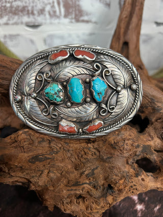 Native American Sterling Silver & Turquoise & Coral Belt Buckle-E Tom