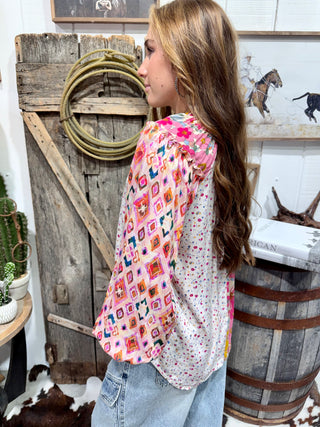 Boho Mixed Print Floral Peasant Top