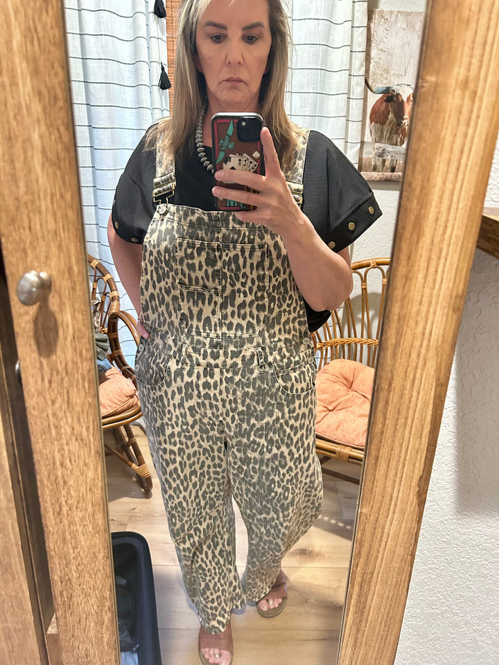 Leopard Print Barrel Overalls