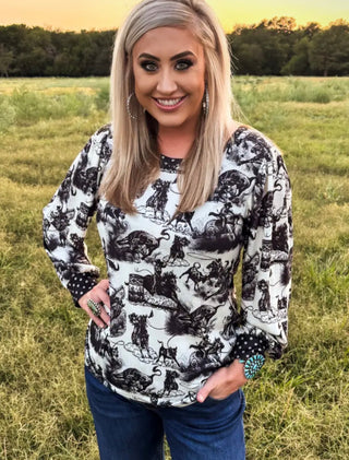 Rodeo Dotty Vintage Western Print Top