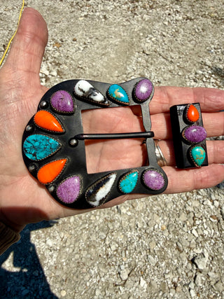 Western Multi-Stone Belt Buckle Set – Turquoise, Orange & Purple Spiny Oyster | Statement Cowgirl Buckle