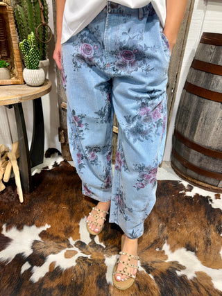 Easel Vintage Floral Barrel Pants | Mineral Washed Cotton Twill Pants- Washed Denim