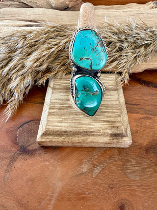 Double Turquoise Statement Ring | Adjustable German Silver Southwestern Ring
