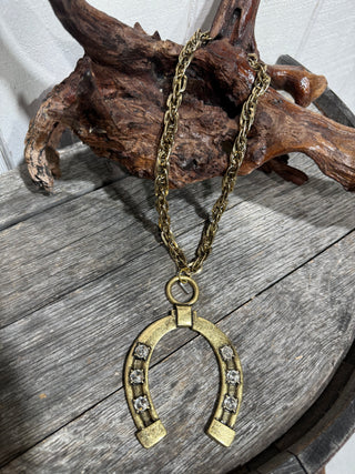 Western Horseshoe Pendant Necklace – Turquoise or Crystal Accents | Rustic Cowgirl Statement Jewelry- Gold 
