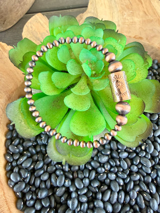 Stamped Copper Barrel Bead & Pearl Bracelet-Stretch
