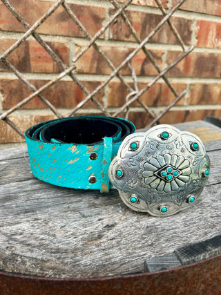 Turquoise Acid Wash Cowhide Wide Belt- A Rare Bird